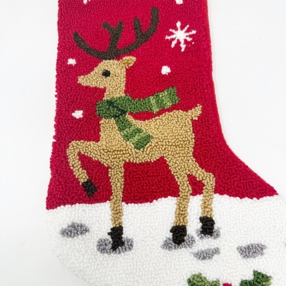 CREWEL KNIT Reindeer CHRISTMAS STOCKING Stripes Red White Buttons 19” Long Decor - Picture 4 of 4